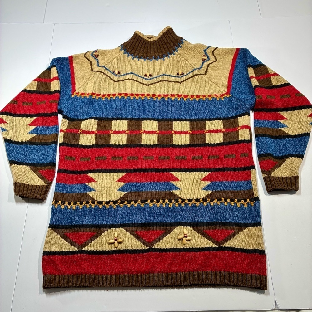 Vintage Lizsport Southwest Aztec Sweater Mock neck Tunic Beaded Women’s Medium